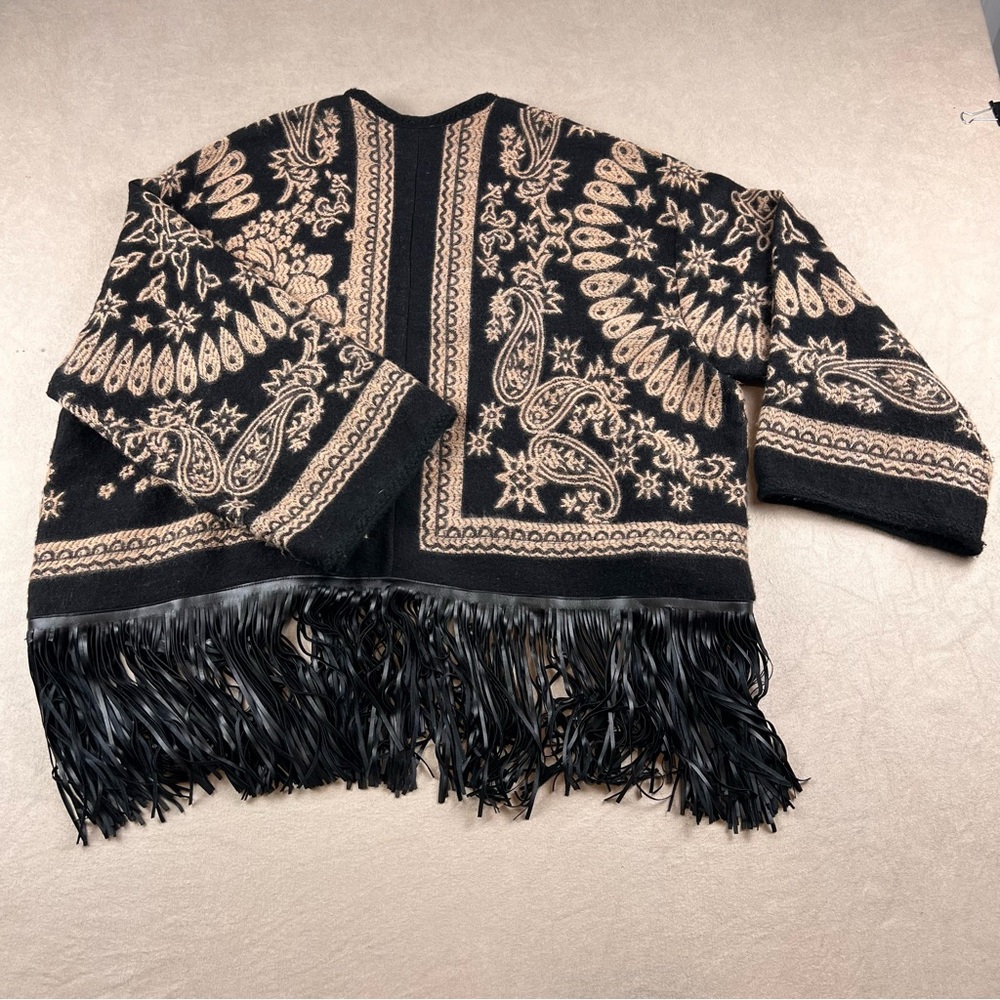 Chico's Black & Tan Fringed Open-Front Patterned Cape - Picture 5 of 7